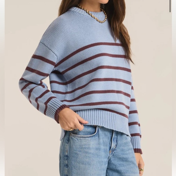 Z Supply Boyfriend Stripe Sweater New Light Denim - Picture 3 of 7